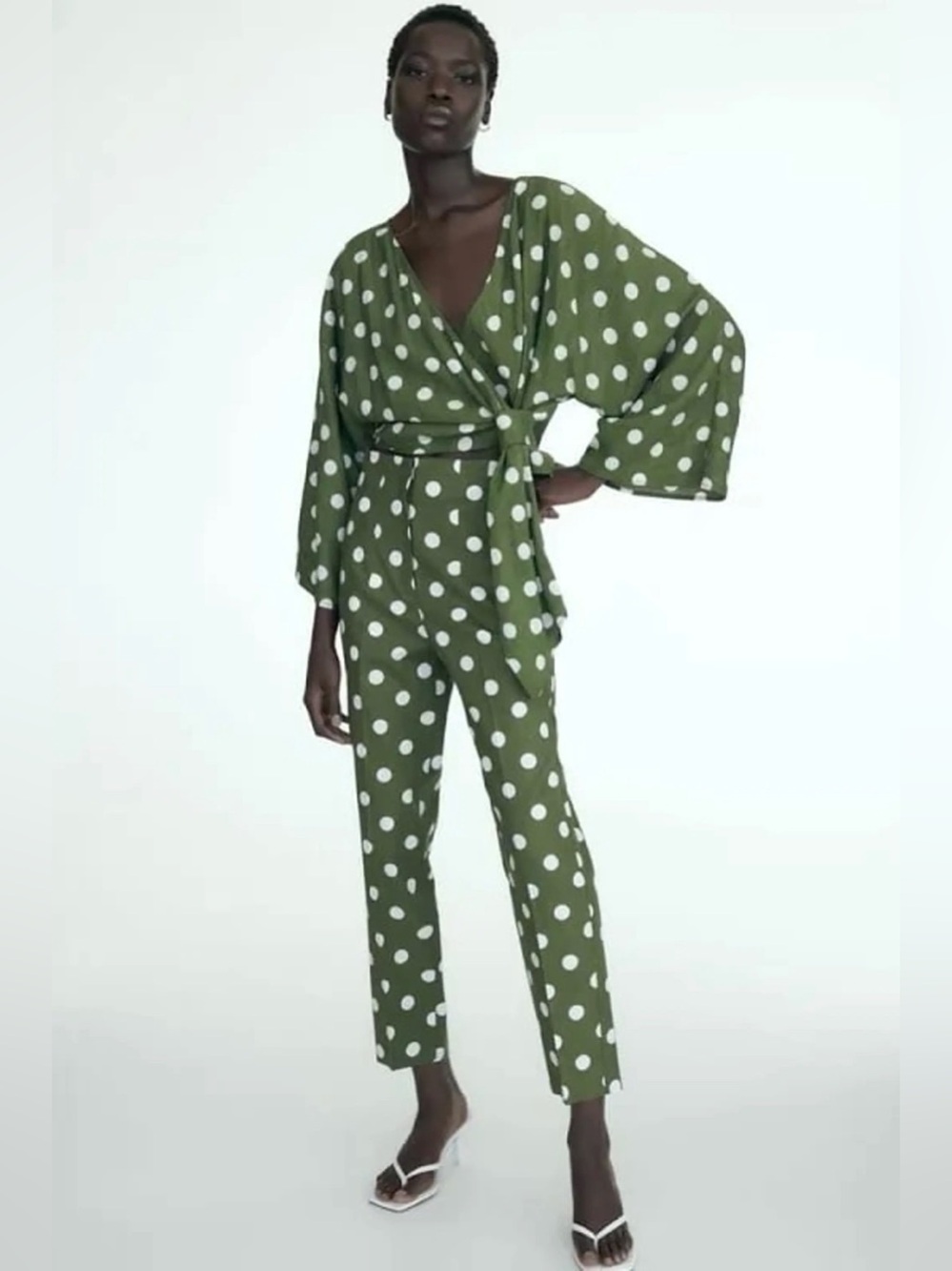 ZARA Set Green White Polka Dot Top & Bottoms Size Small